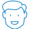 Simple blue line drawing of smiling male face representing dental patient or dentist icon