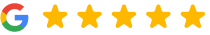 Google logo with five gold stars representing excellent dental practice ratings and reviews.