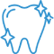 Blue line icon of a tooth with a sparkle, representing dental care and cleanliness.
